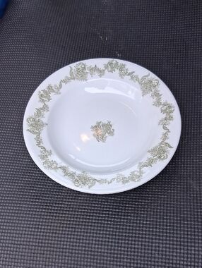 Vintage Rimmed Soup Plate Bornstein Greenwood China w/ Sage Green Scroll Border